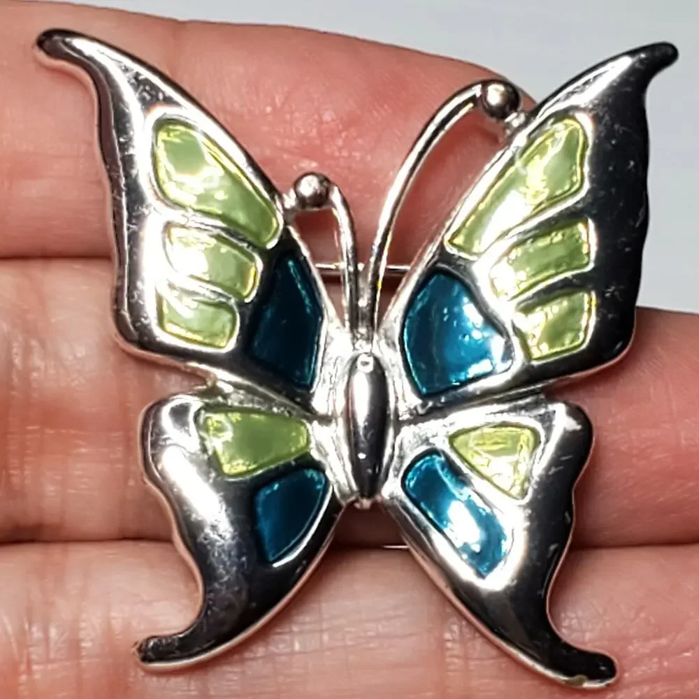 Blue Green Enamel Butterfly Silver Tone 1.5